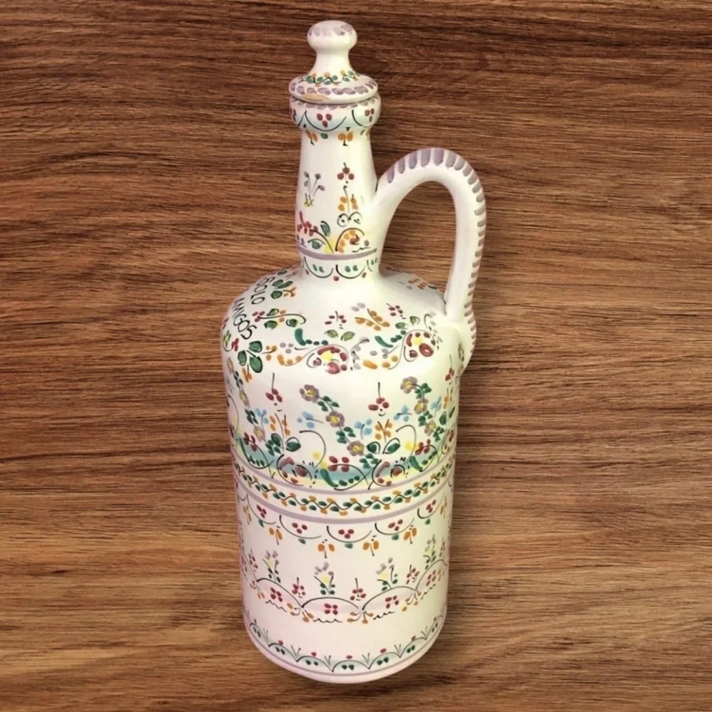 Vintage RARE CRUZ Spain Bohemian Floral Hand Painted Set Shot 6 Cups & Bottle